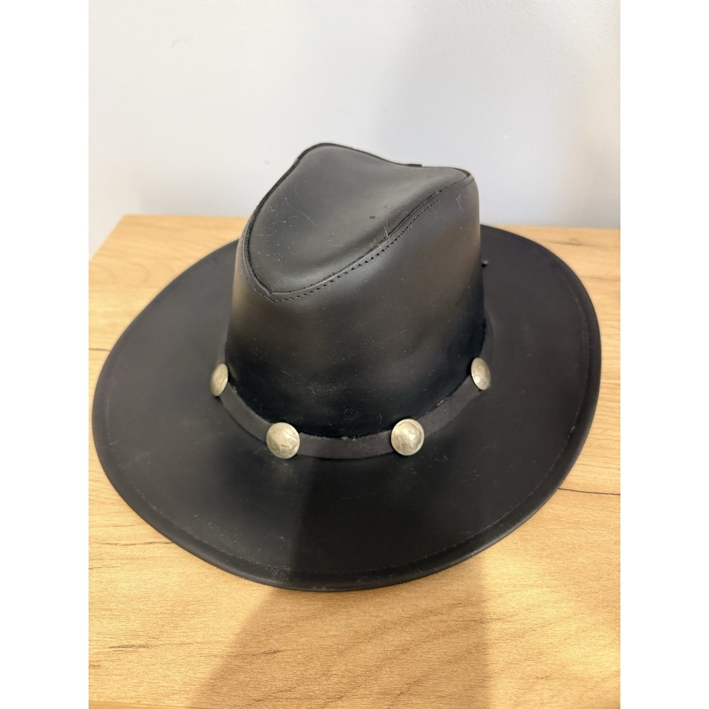 HENSCHEL HAT CO USA Black‎ LEATHER COWBOY HAT Western Rodeo Sun Wide Brim MEDIUM - Picture 7 of 7
